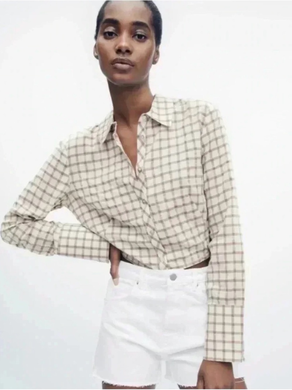 Zara Cropped Checked Button-Down Shirt in Beige and Cream